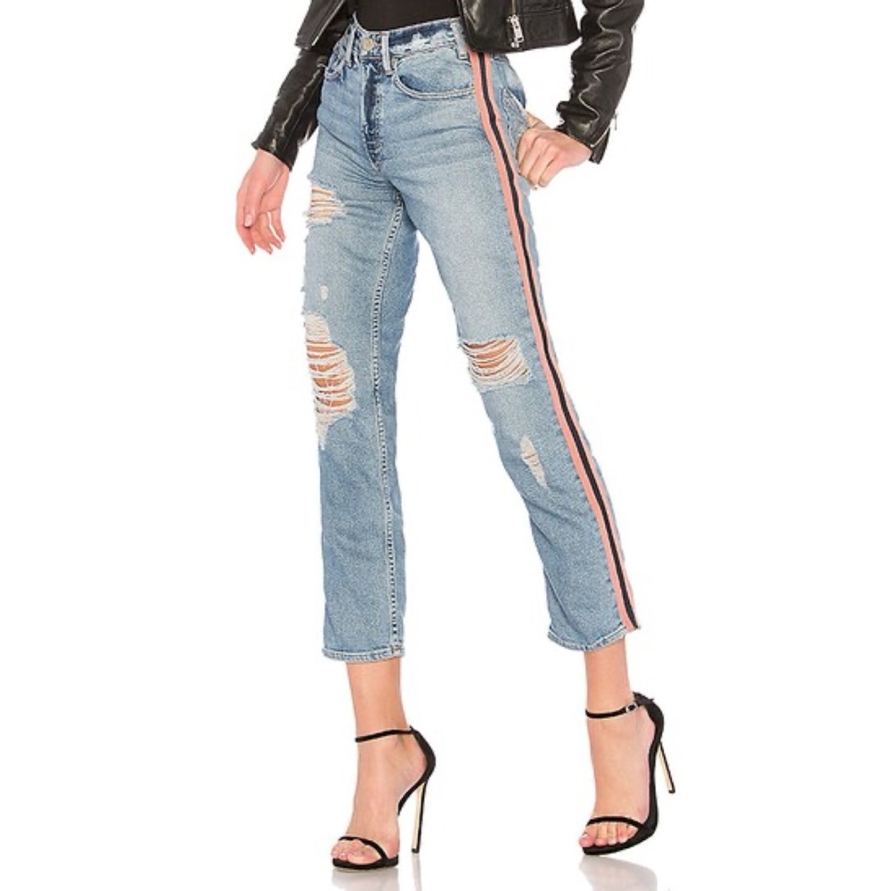 McGuire Denim Ibiza High Rise Jean in La Sirenuse Tuxedo Stripe Ripped Pink Blue
